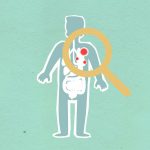 Paper cutout of man under magnifying glass with red viruses spreading on internal organs on green background during disease propagation